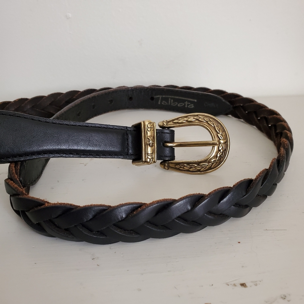 31-35" 90s Vintage Talbots Black Braided Leather Belt With Ornate Gold Buckle